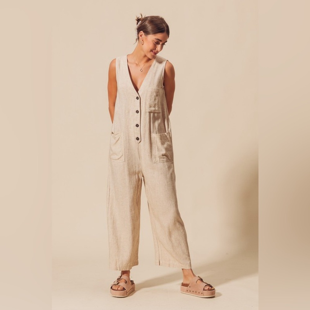So Me Linen Blend V-Neck Button Down Jumpsuit - Picture 7 of 12